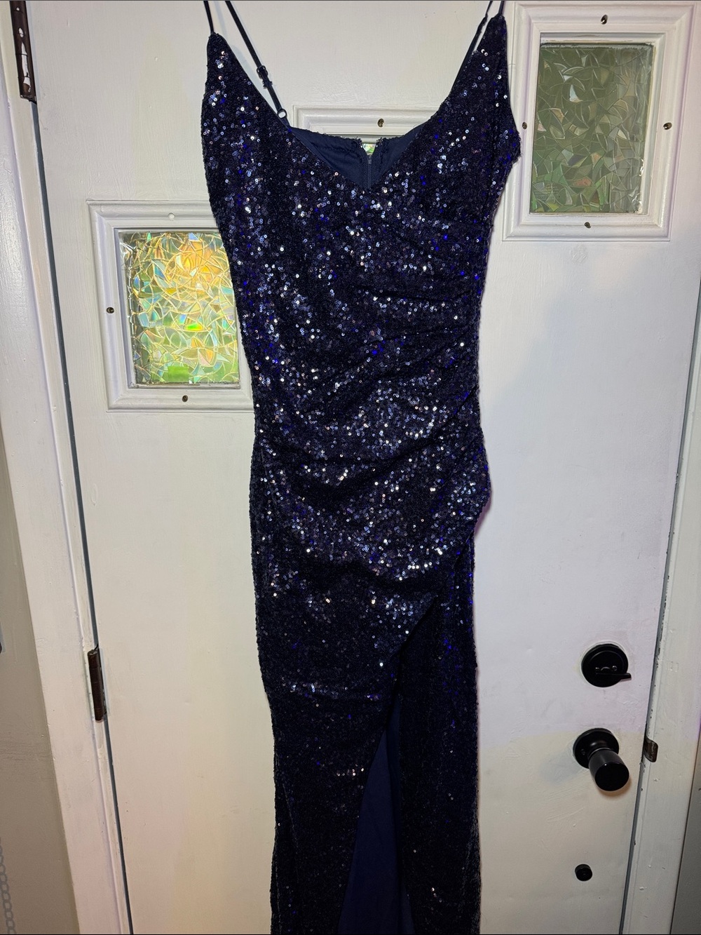 Navy Sequin Spaghetti Strap Prom Gown